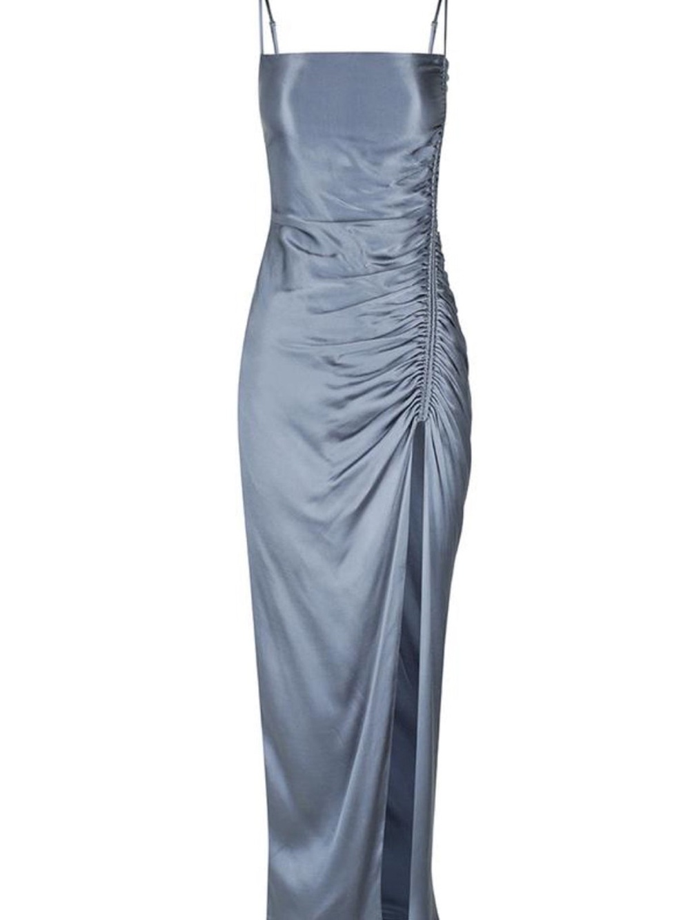 Shona Joy Steel Blue Satin Ruched Midi Slip Dress
